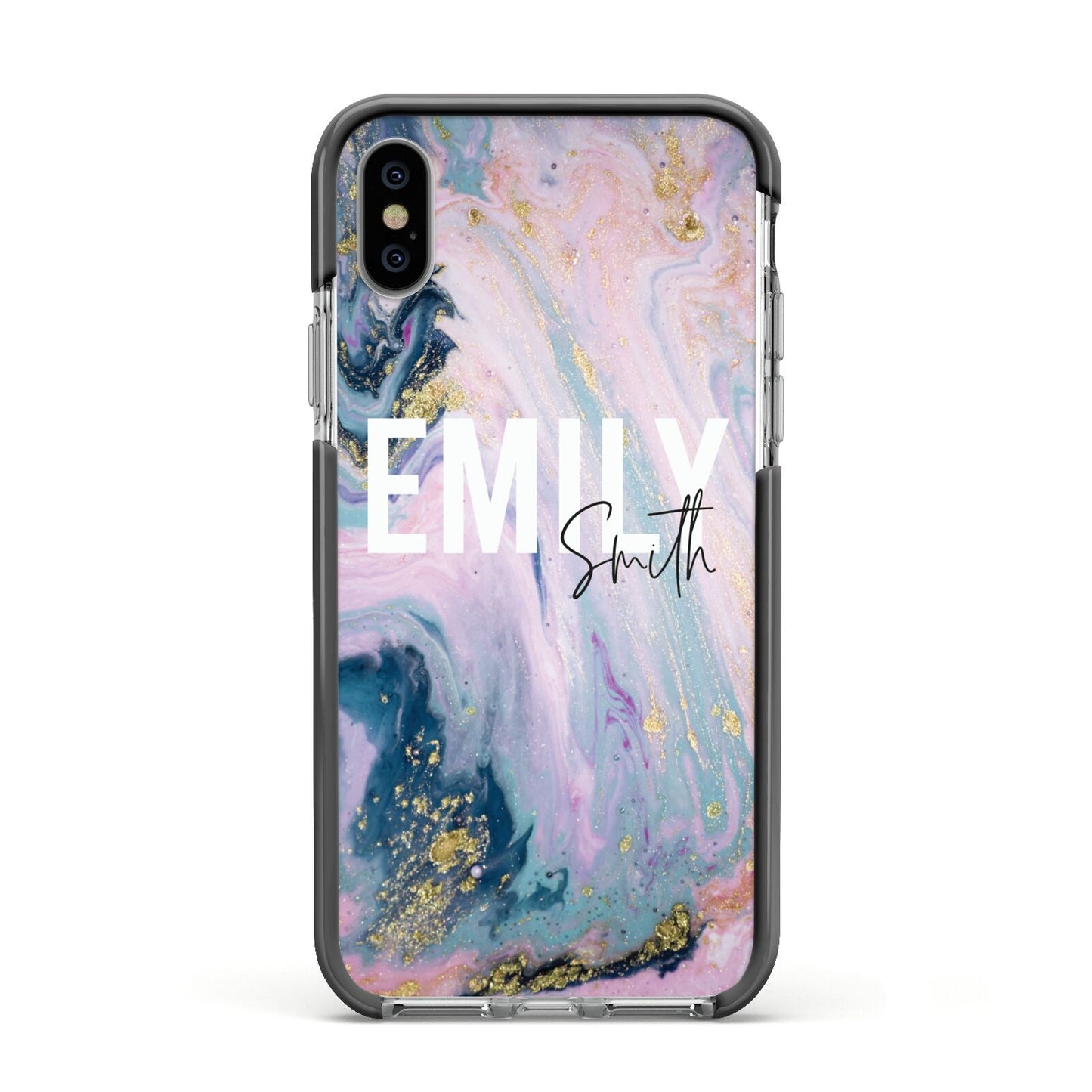 Custom Name Purple Gold Glitter Marble Apple iPhone Xs Impact Case Black Edge on Silver Phone