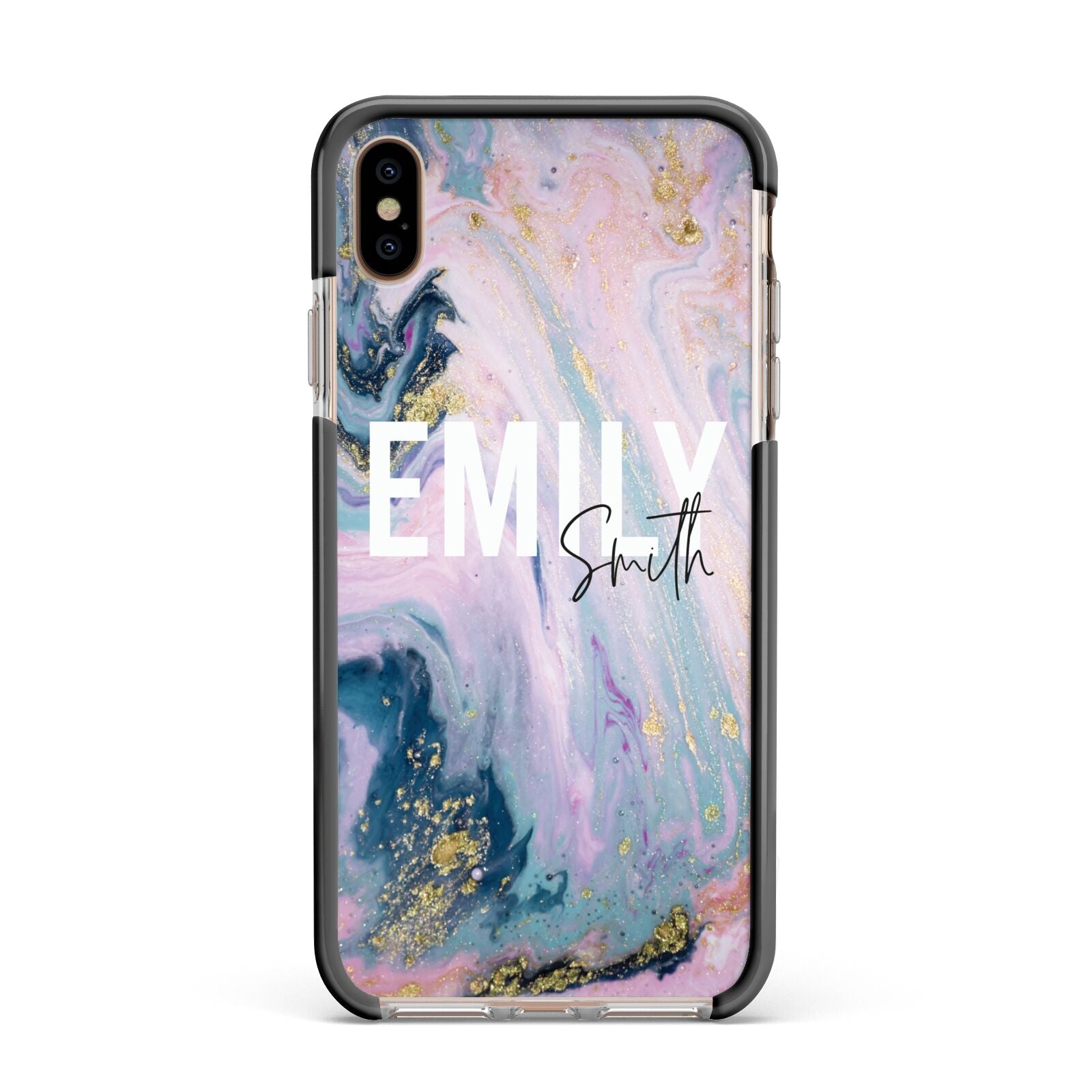 Custom Name Purple Gold Glitter Marble Apple iPhone Xs Max Impact Case Black Edge on Gold Phone