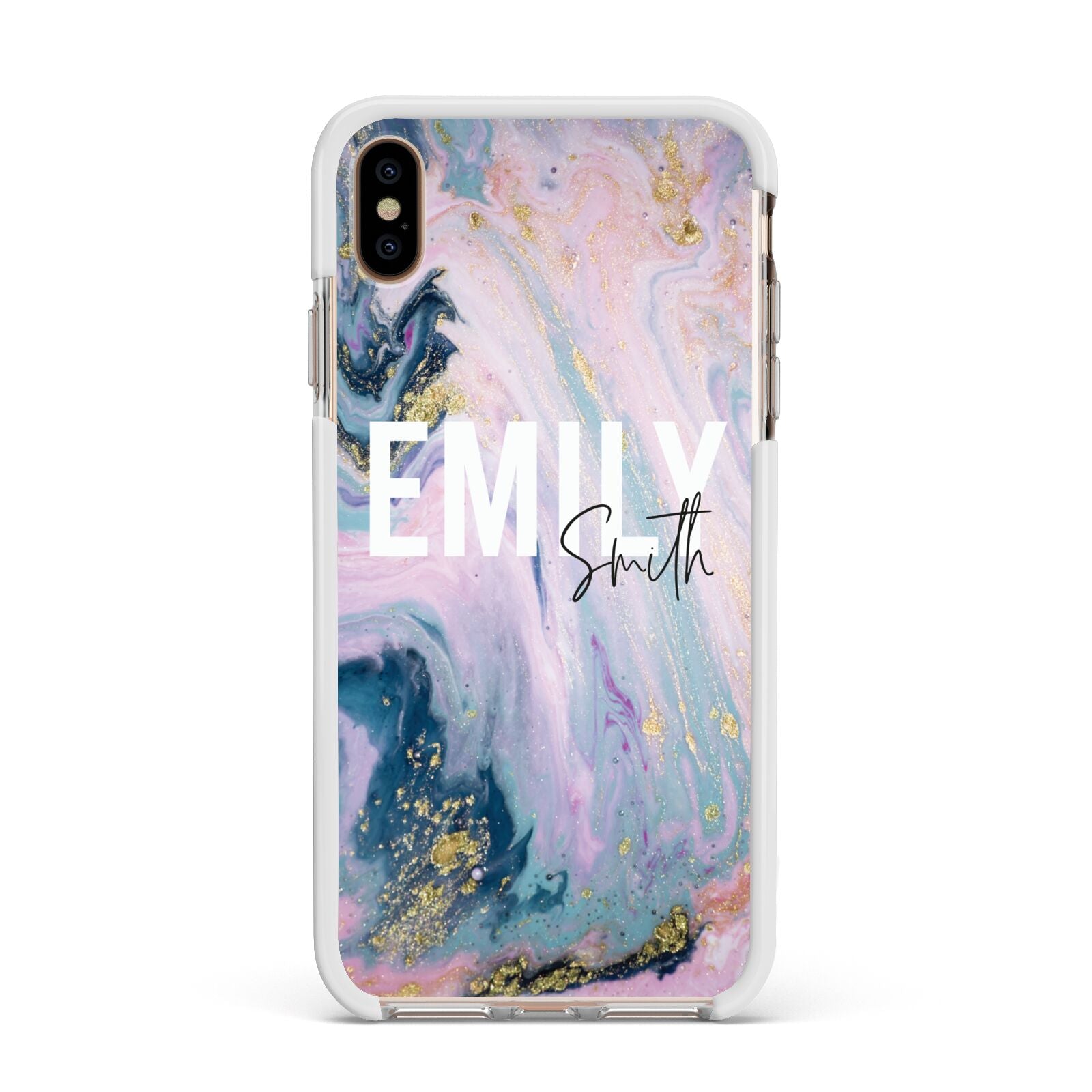 Custom Name Purple Gold Glitter Marble Apple iPhone Xs Max Impact Case White Edge on Gold Phone