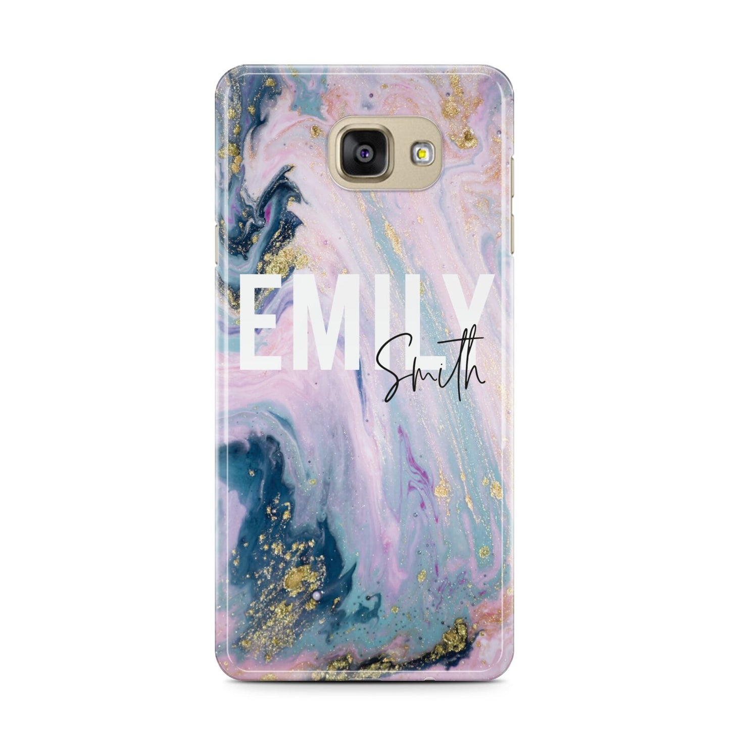 Custom Name Purple Gold Glitter Marble Samsung Galaxy A7 2016 Case on gold phone