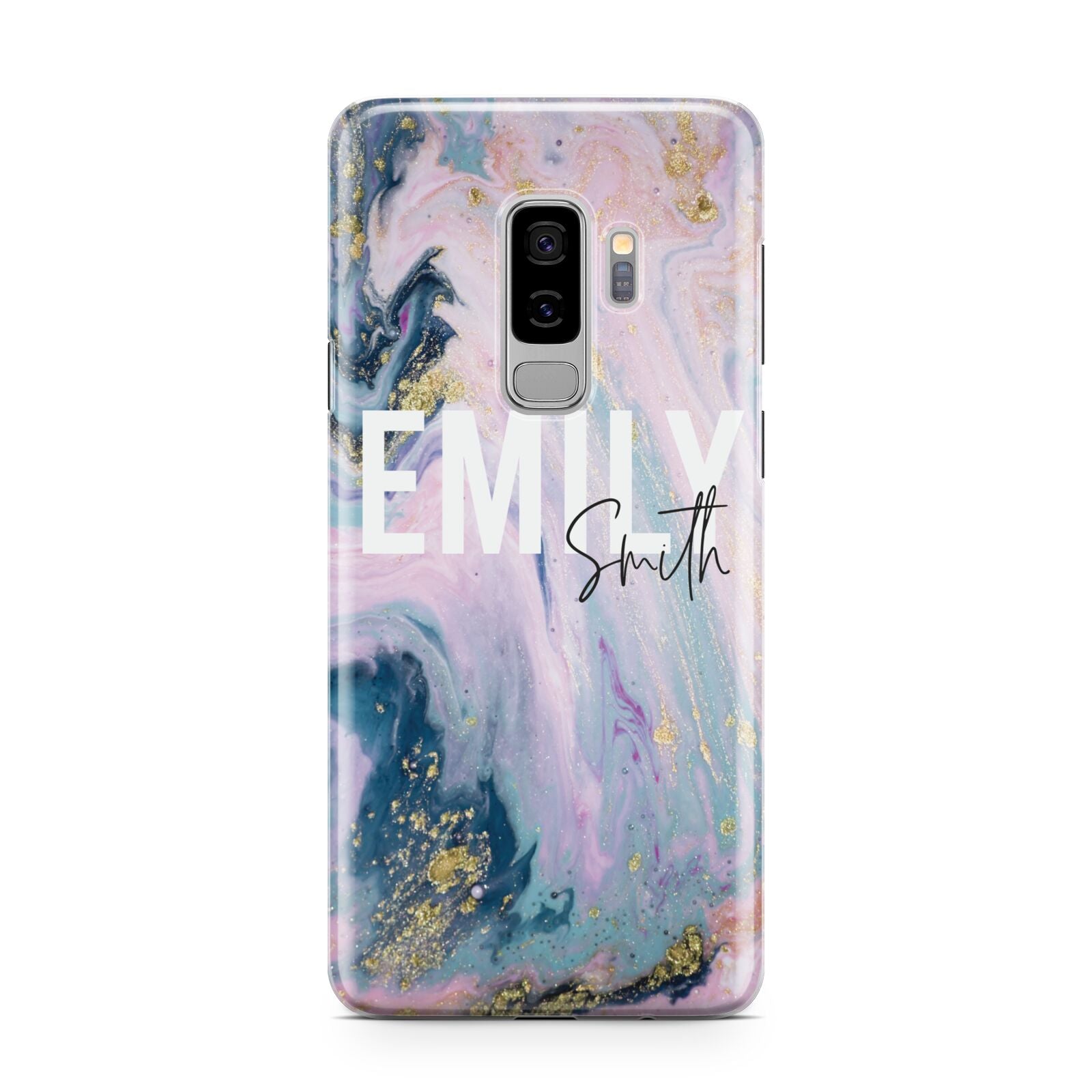 Custom Name Purple Gold Glitter Marble Samsung Galaxy S9 Plus Case on Silver phone