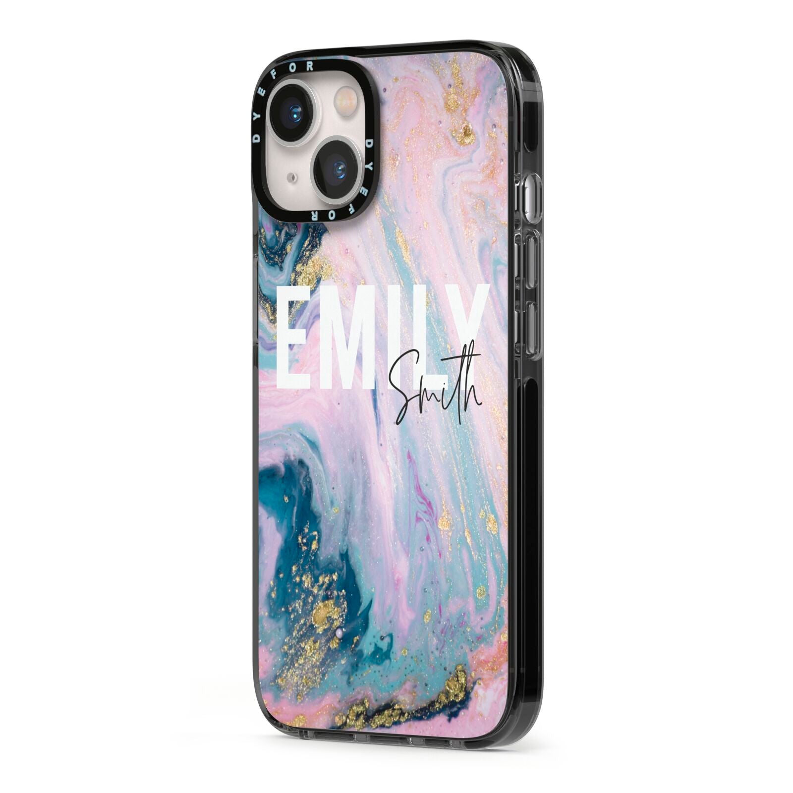 Custom Name Purple Gold Glitter Marble iPhone 13 Black Impact Case Side Angle on Silver phone