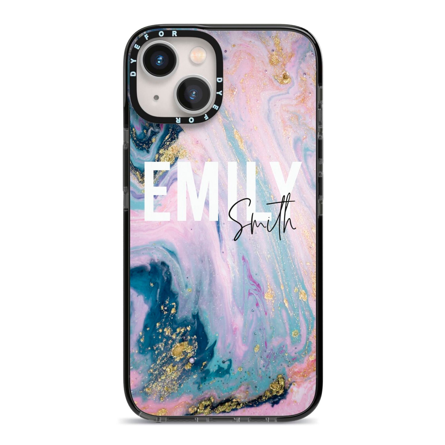 Custom Name Purple Gold Glitter Marble iPhone 13 Black Impact Case on Silver phone