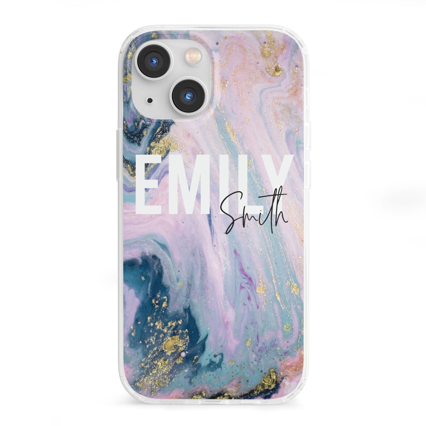 Custom Name Purple Gold Glitter Marble iPhone 13 Mini Clear Bumper Case