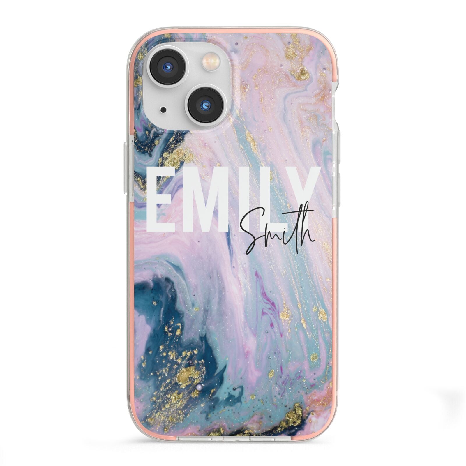 Custom Name Purple Gold Glitter Marble iPhone 13 Mini TPU Impact Case with Pink Edges