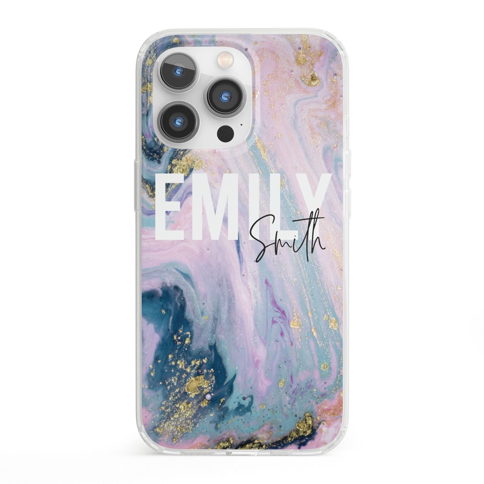 Custom Name Purple Gold Glitter Marble iPhone 13 Pro Clear Bumper Case