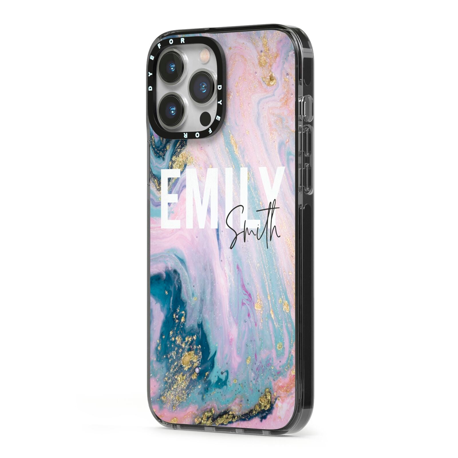 Custom Name Purple Gold Glitter Marble iPhone 13 Pro Max Black Impact Case Side Angle on Silver phone