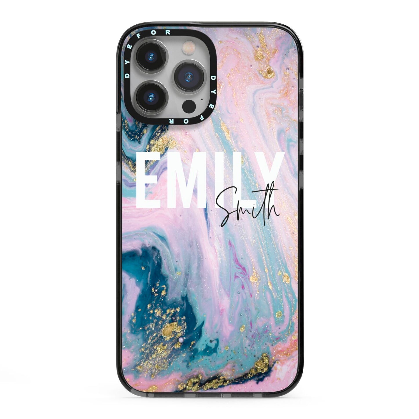 Custom Name Purple Gold Glitter Marble iPhone 13 Pro Max Black Impact Case on Silver phone