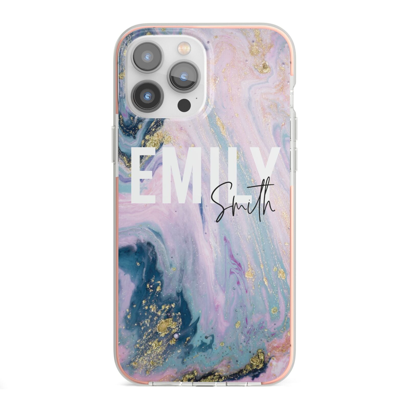 Custom Name Purple Gold Glitter Marble iPhone 13 Pro Max TPU Impact Case with Pink Edges