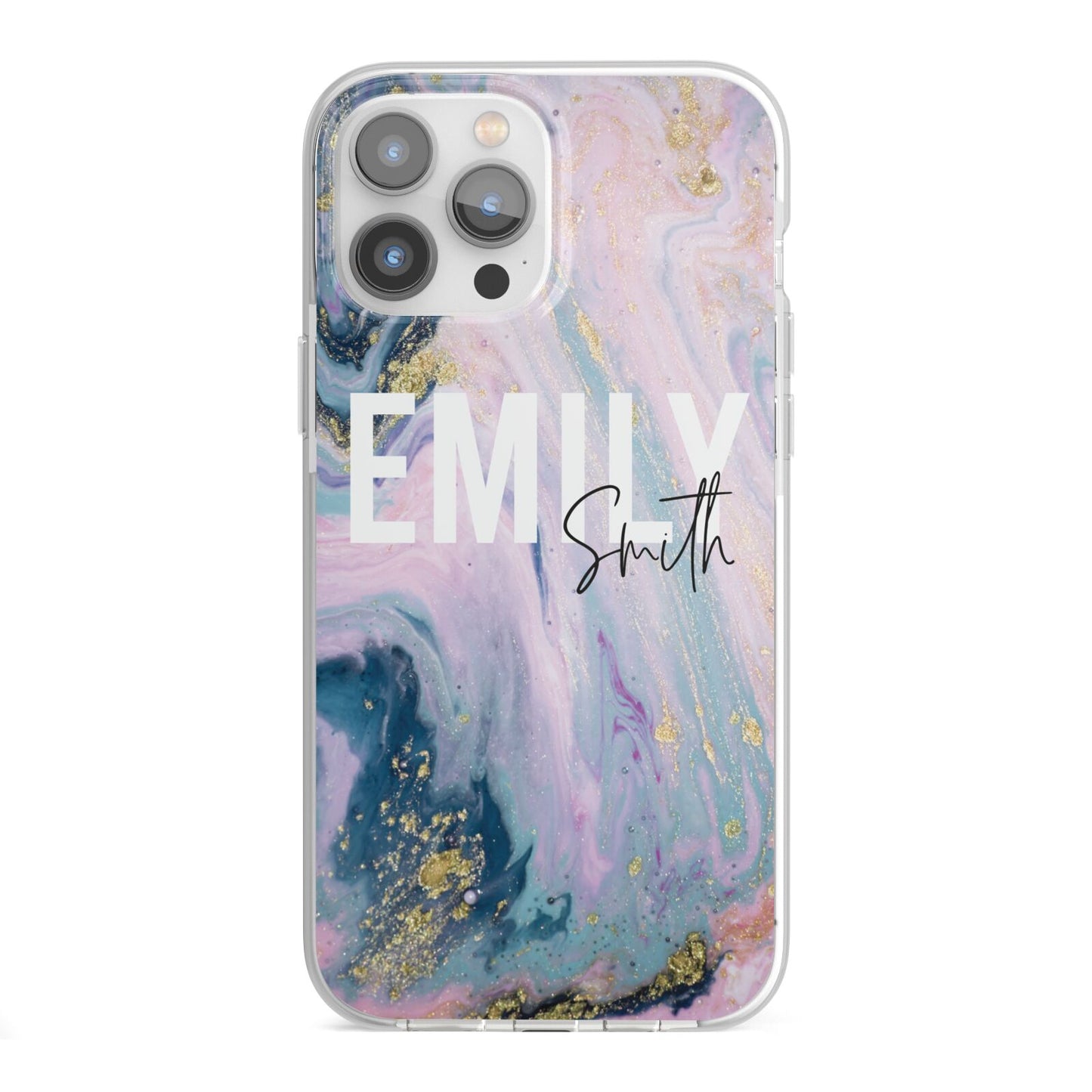 Custom Name Purple Gold Glitter Marble iPhone 13 Pro Max TPU Impact Case with White Edges