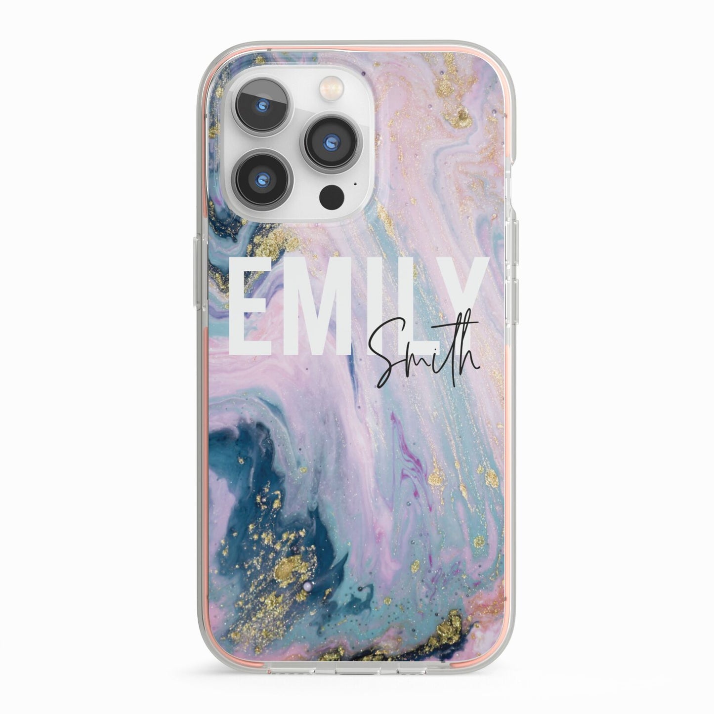Custom Name Purple Gold Glitter Marble iPhone 13 Pro TPU Impact Case with Pink Edges