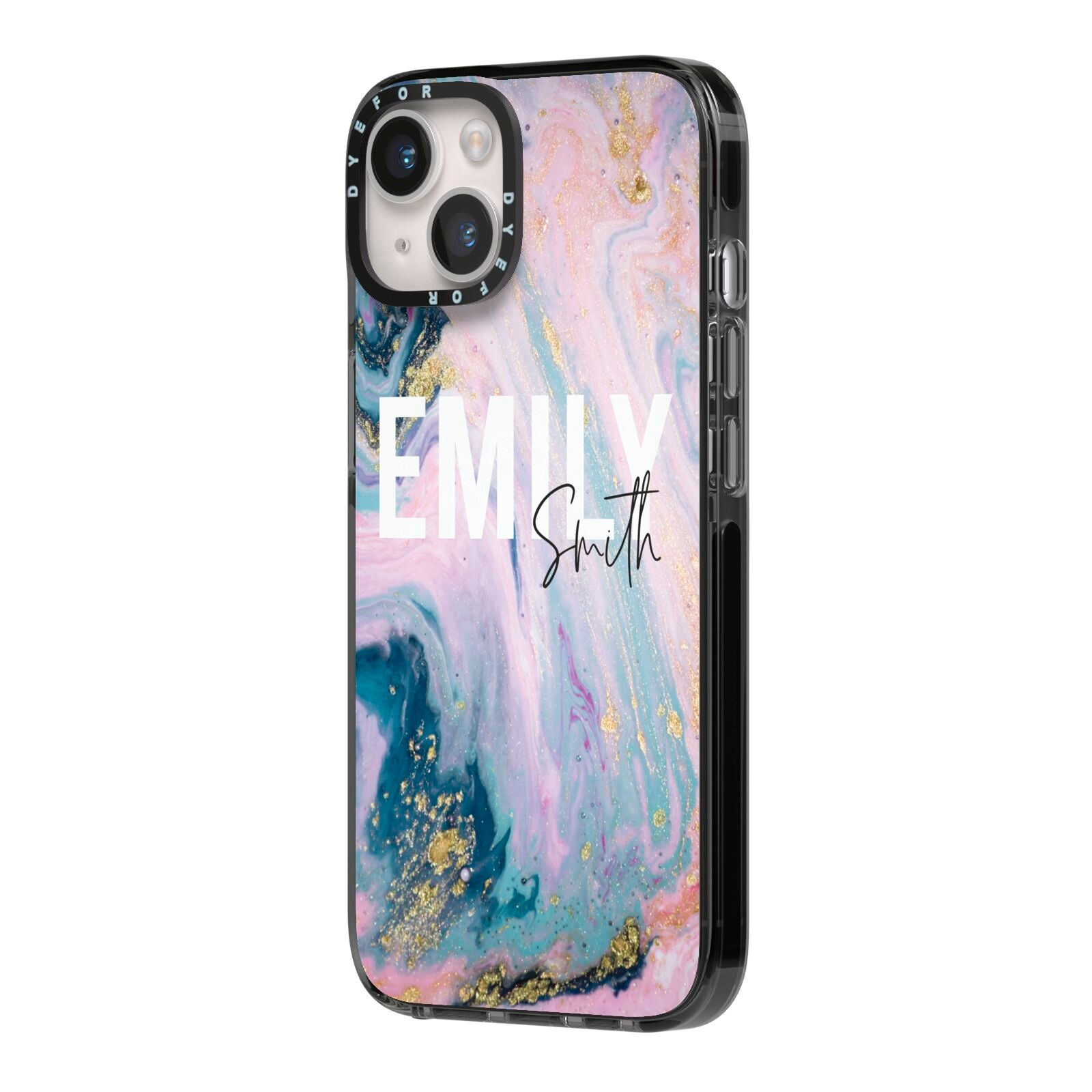 Custom Name Purple Gold Glitter Marble iPhone 14 Black Impact Case Side Angle on Silver phone
