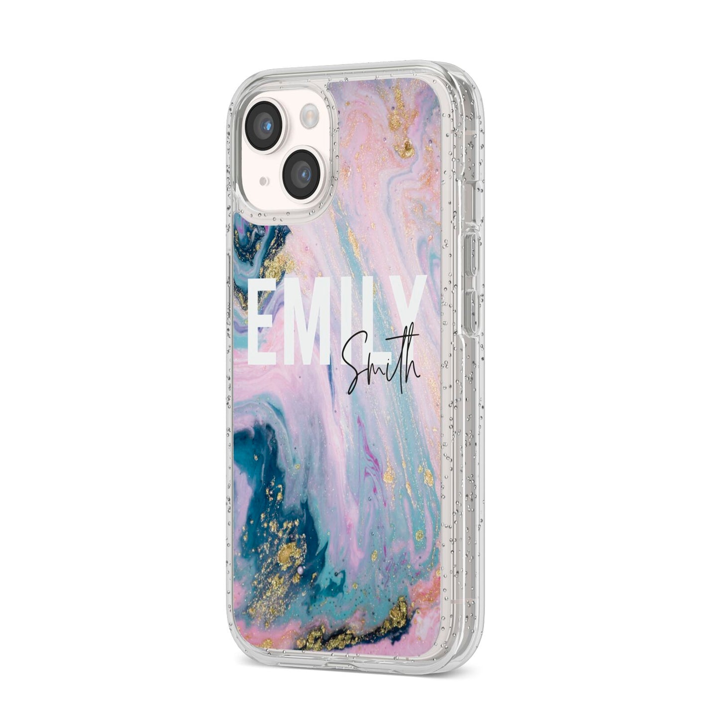 Custom Name Purple Gold Glitter Marble iPhone 14 Glitter Tough Case Starlight Angled Image