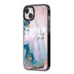 Custom Name Purple Gold Glitter Marble iPhone 14 Plus Black Impact Case Side Angle on Silver phone