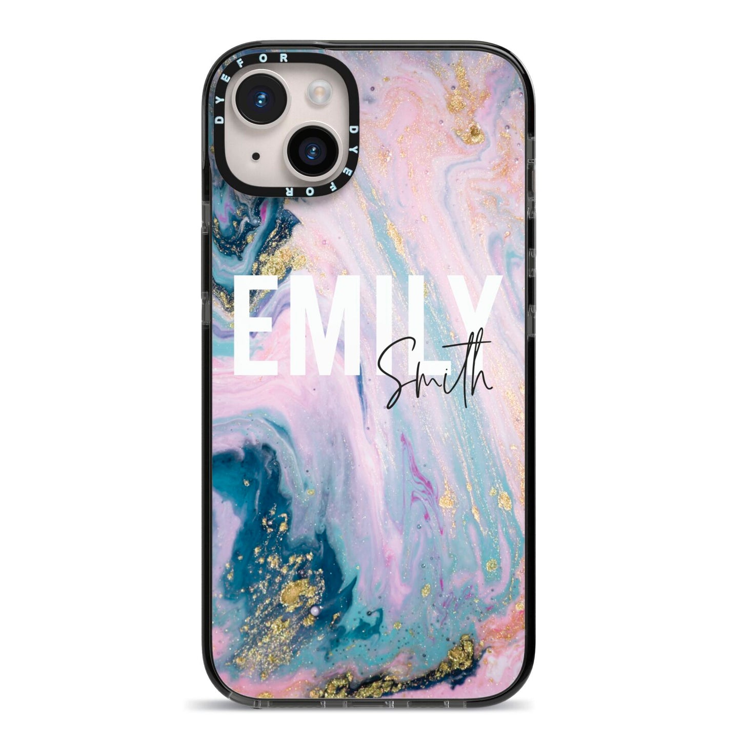 Custom Name Purple Gold Glitter Marble iPhone 14 Plus Black Impact Case on Silver phone