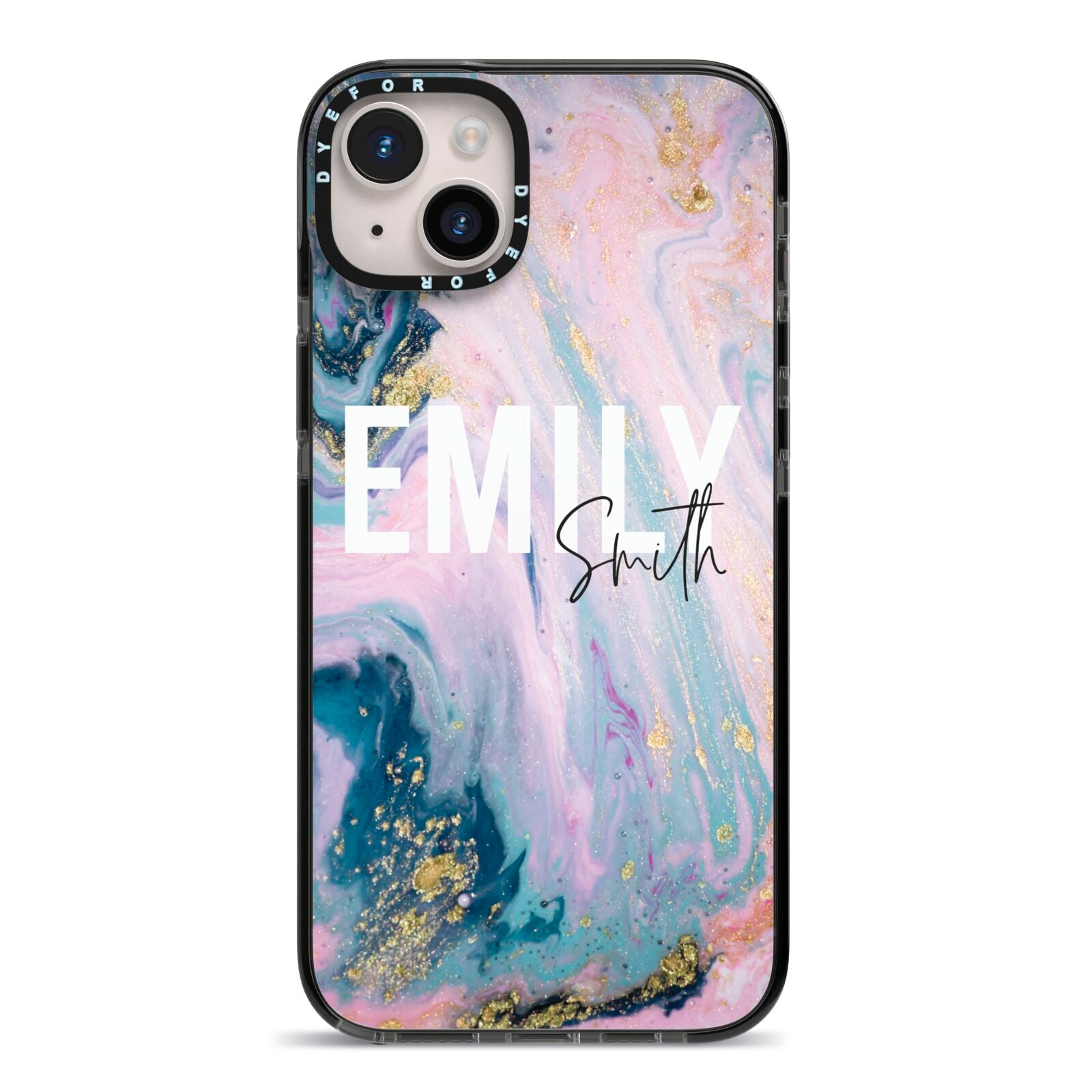 Custom Name Purple Gold Glitter Marble iPhone 14 Plus Black Impact Case on Silver phone