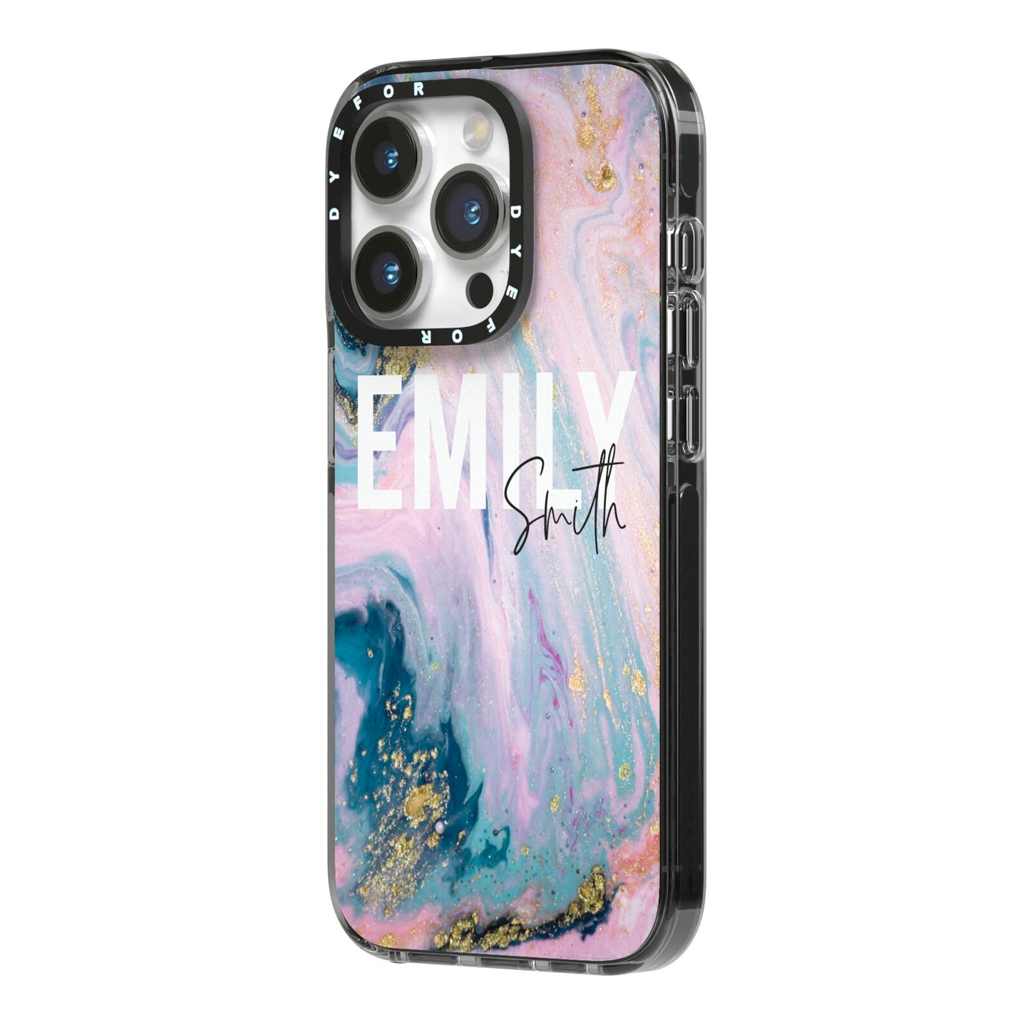 Custom Name Purple Gold Glitter Marble iPhone 14 Pro Black Impact Case Side Angle on Silver phone