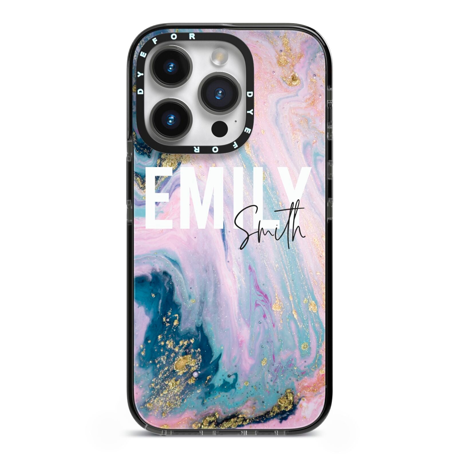 Custom Name Purple Gold Glitter Marble iPhone 14 Pro Black Impact Case on Silver phone