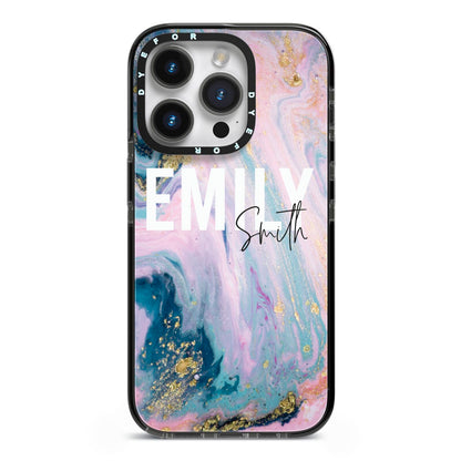 Custom Name Purple Gold Glitter Marble iPhone 14 Pro Black Impact Case on Silver phone