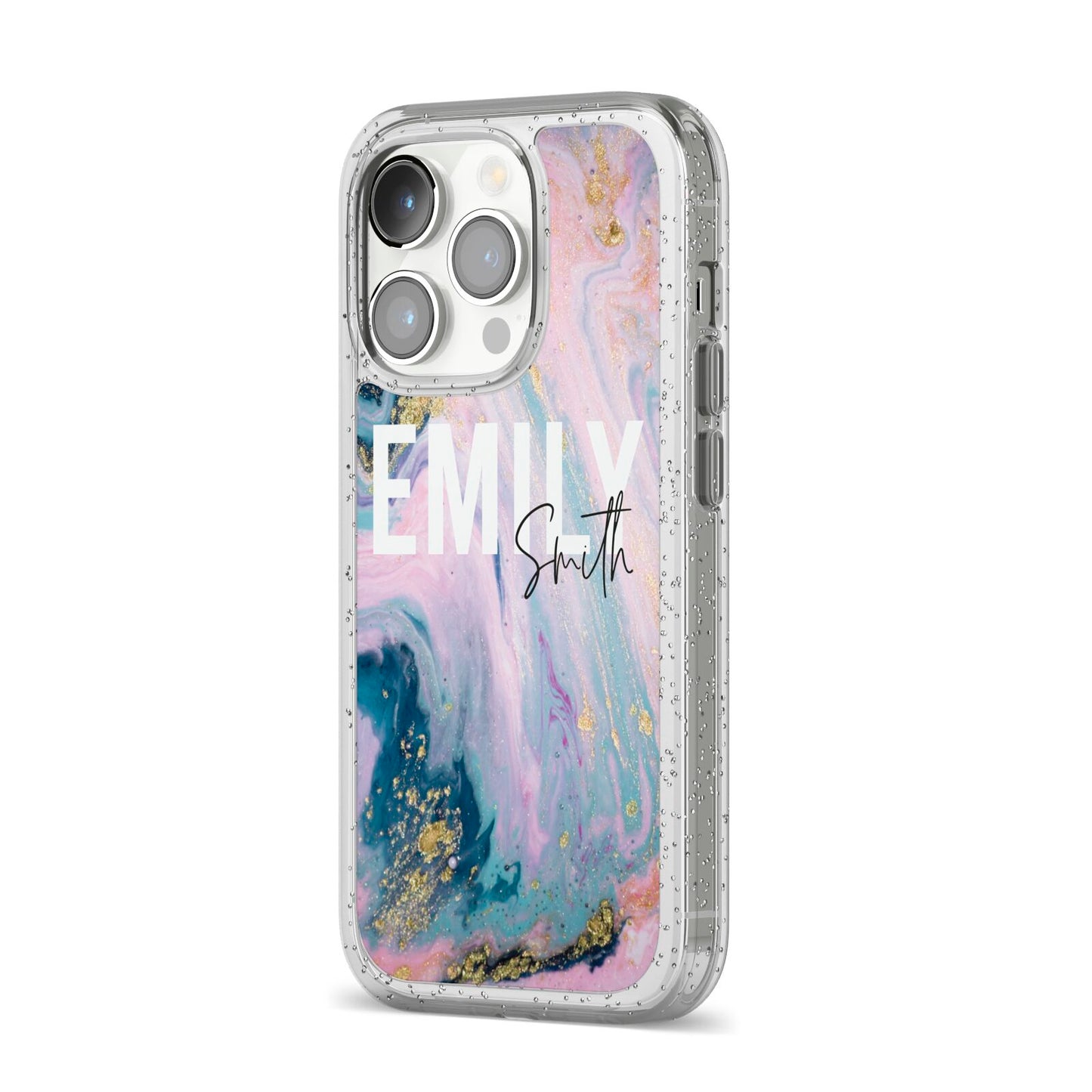 Custom Name Purple Gold Glitter Marble iPhone 14 Pro Glitter Tough Case Silver Angled Image