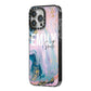 Custom Name Purple Gold Glitter Marble iPhone 14 Pro Max Black Impact Case Side Angle on Silver phone