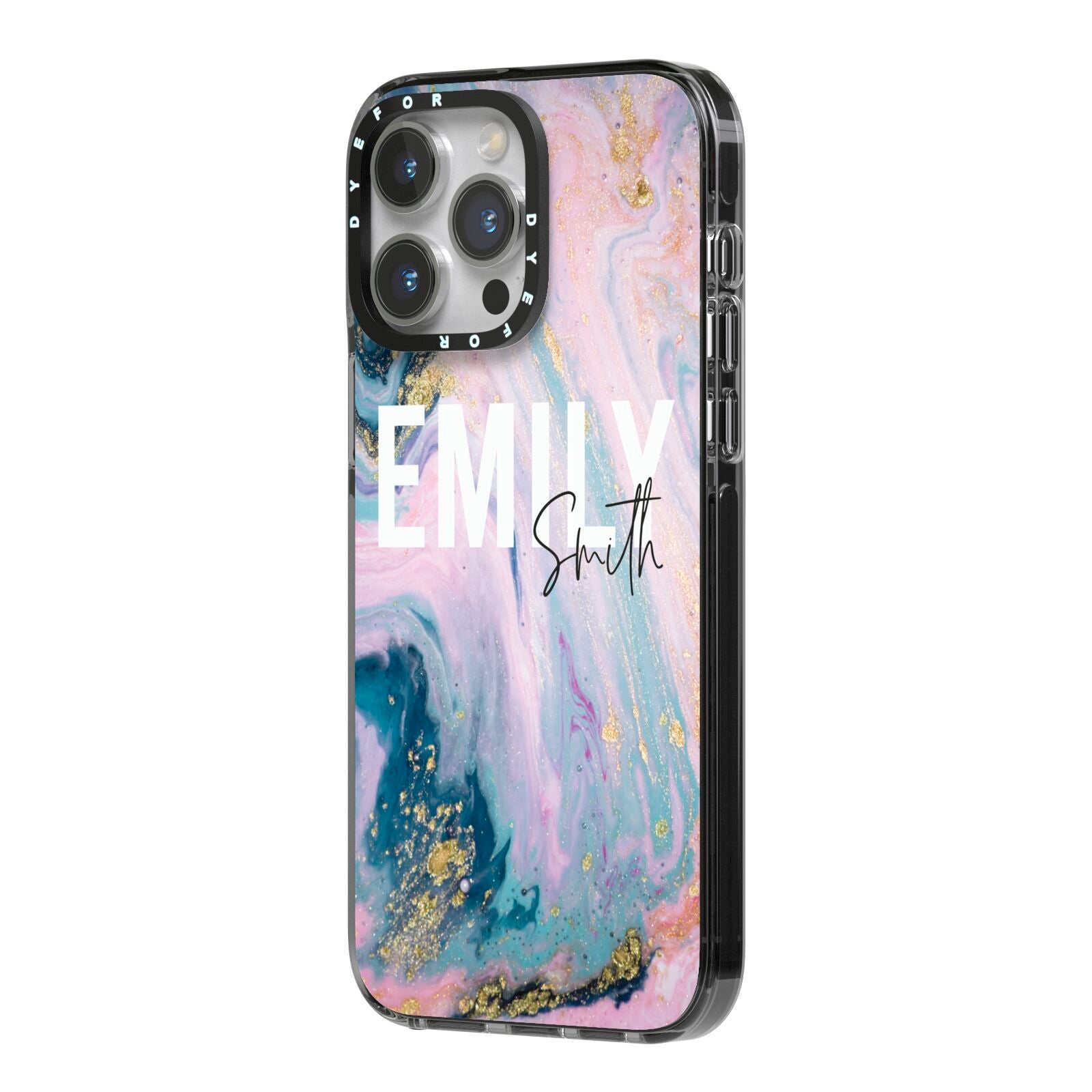 Custom Name Purple Gold Glitter Marble iPhone 14 Pro Max Black Impact Case Side Angle on Silver phone