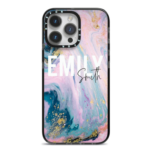 Custom Name Purple Gold Glitter Marble iPhone 14 Pro Max Black Impact Case on Silver phone