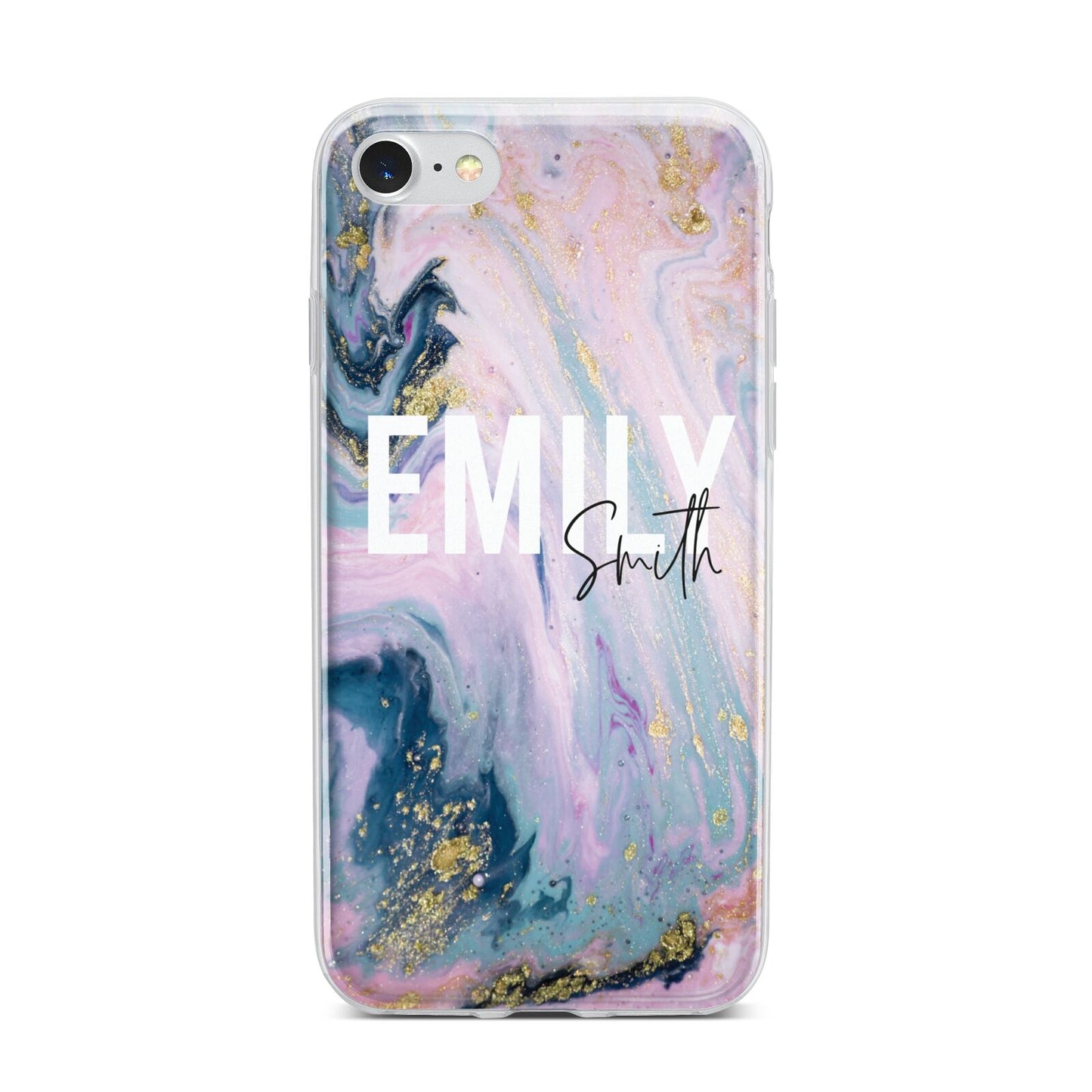 Custom Name Purple Gold Glitter Marble iPhone 7 Bumper Case on Silver iPhone