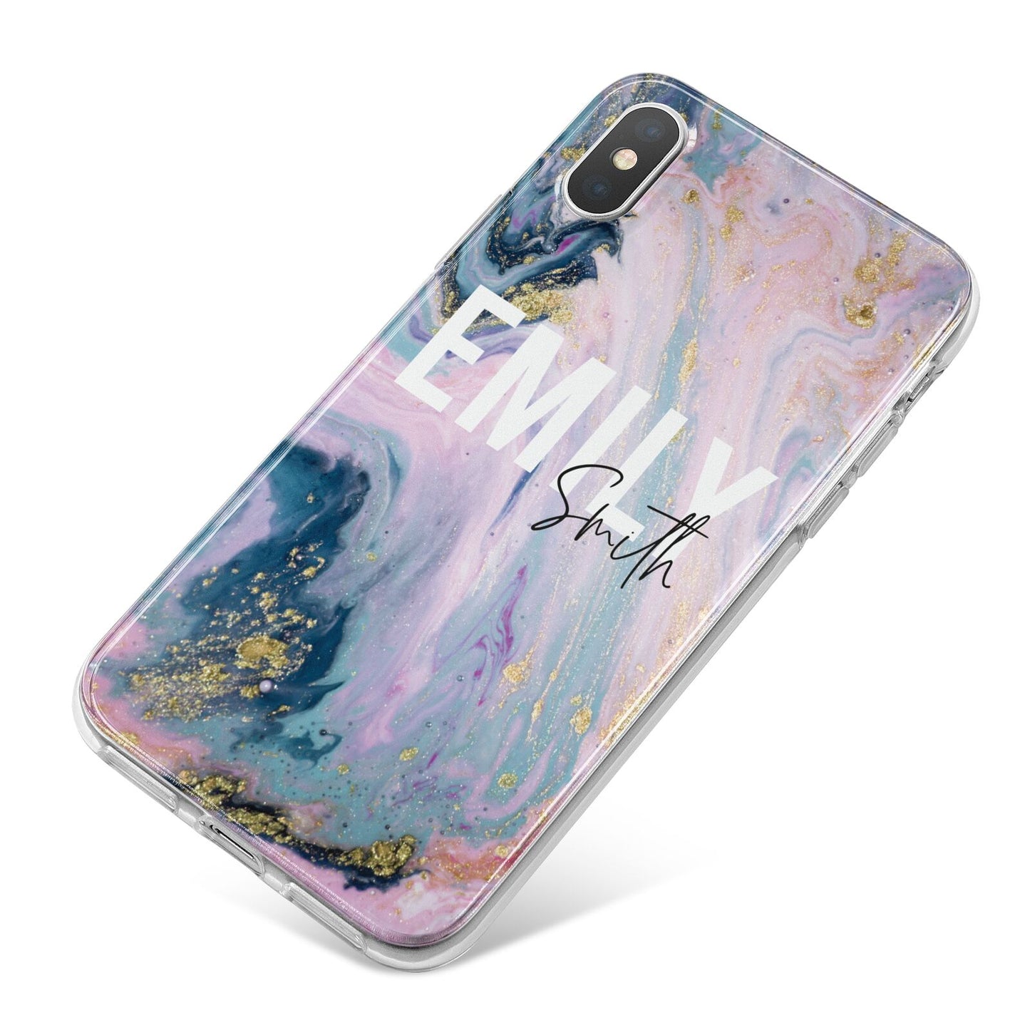 Custom Name Purple Gold Glitter Marble iPhone X Bumper Case on Silver iPhone