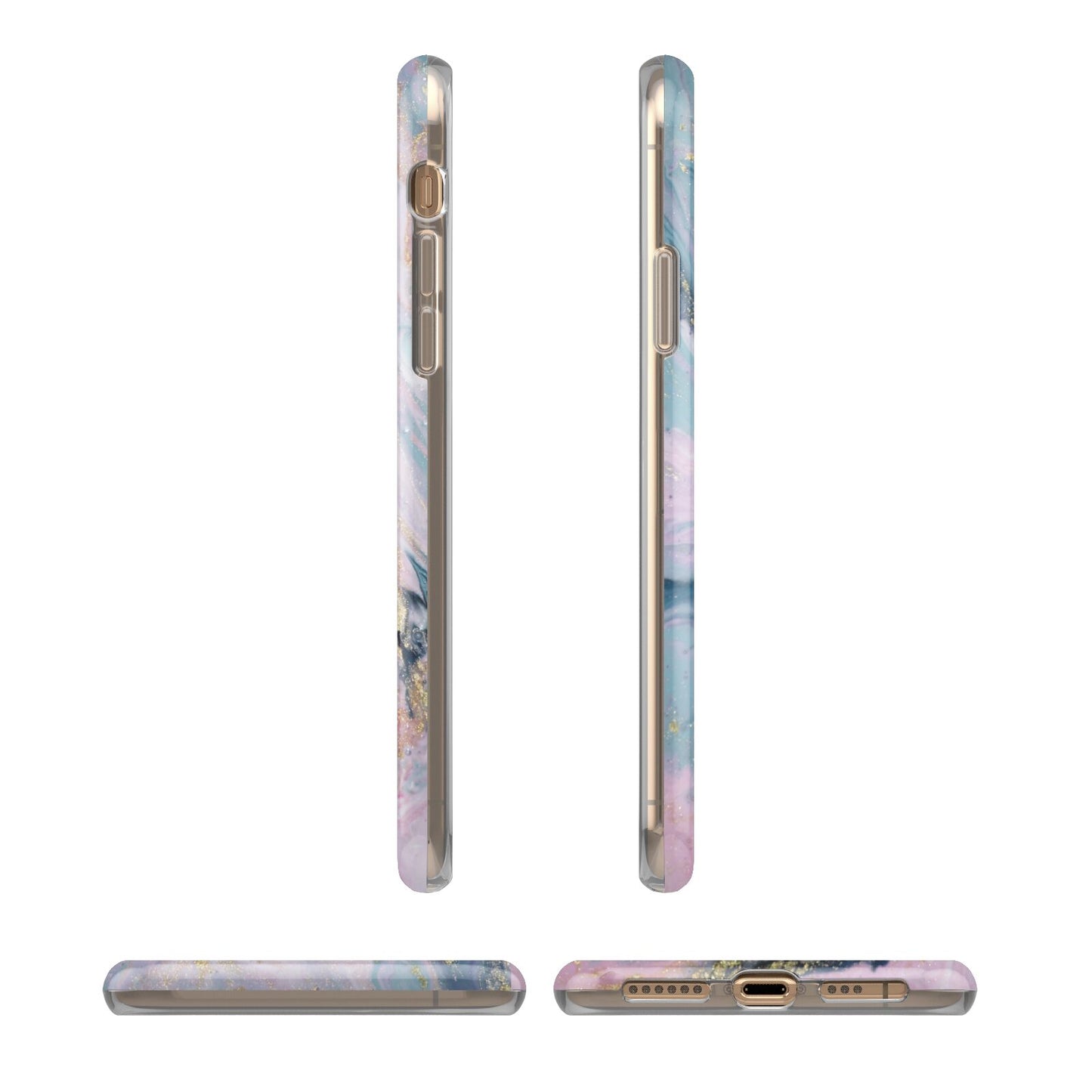 Custom Name Purple Gold Glitter Marble iPhone XS 3D Tough Case in Gold Angled Images