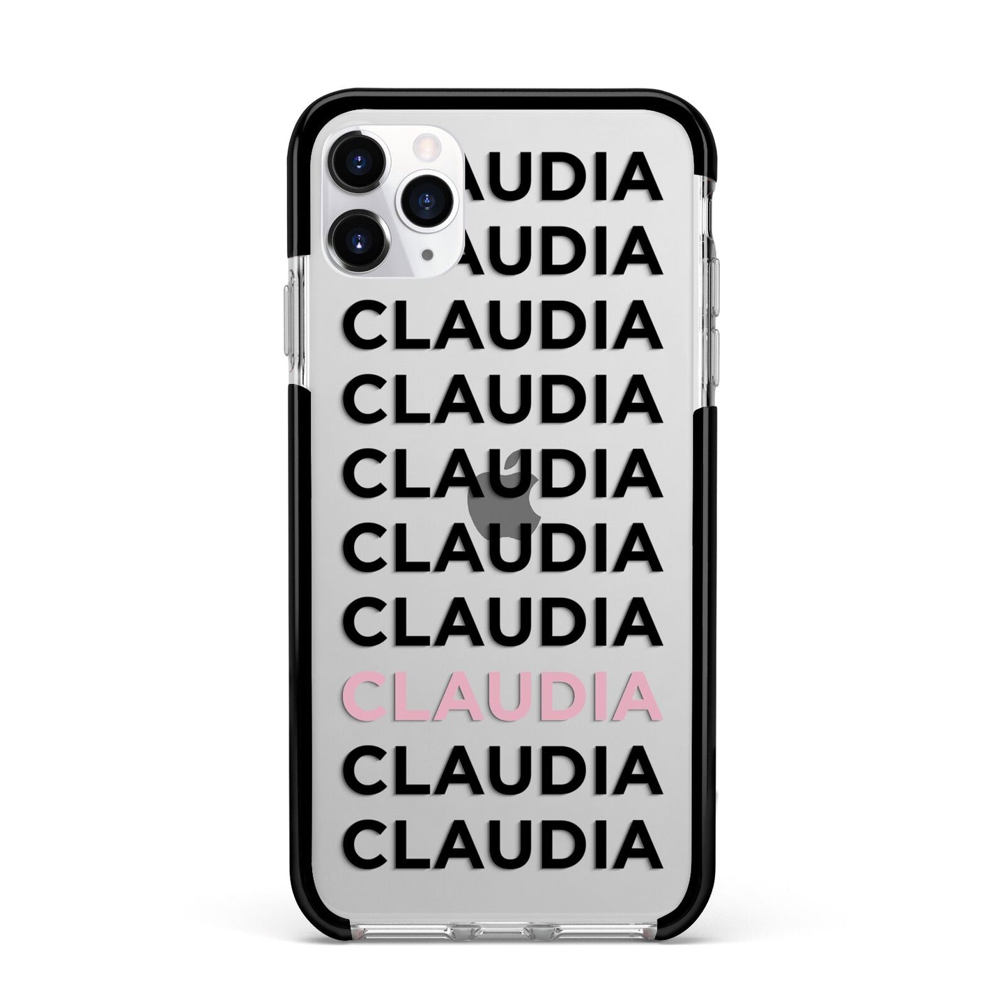 Custom Name Repeat Apple iPhone 11 Pro Max in Silver with Black Impact Case