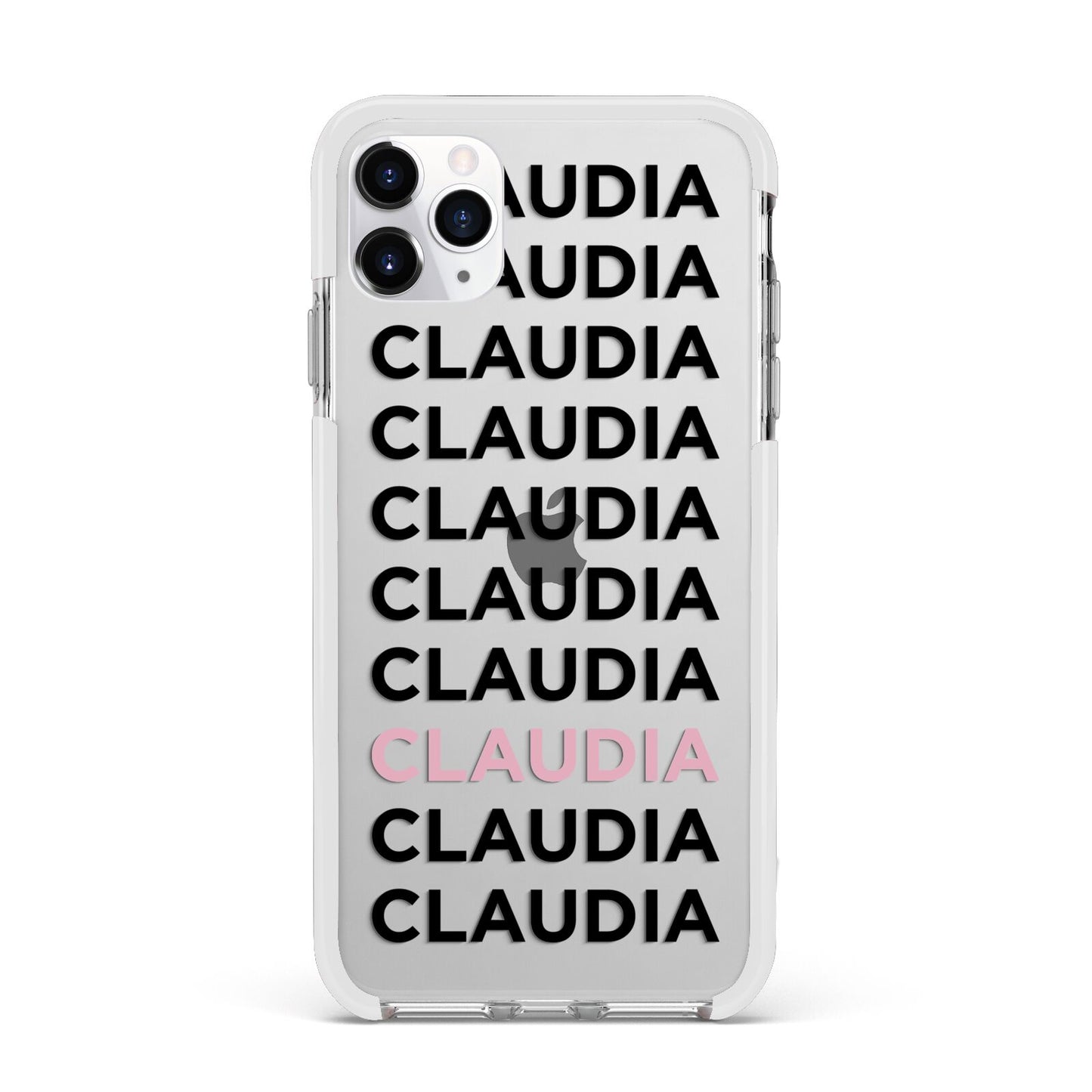 Custom Name Repeat Apple iPhone 11 Pro Max in Silver with White Impact Case