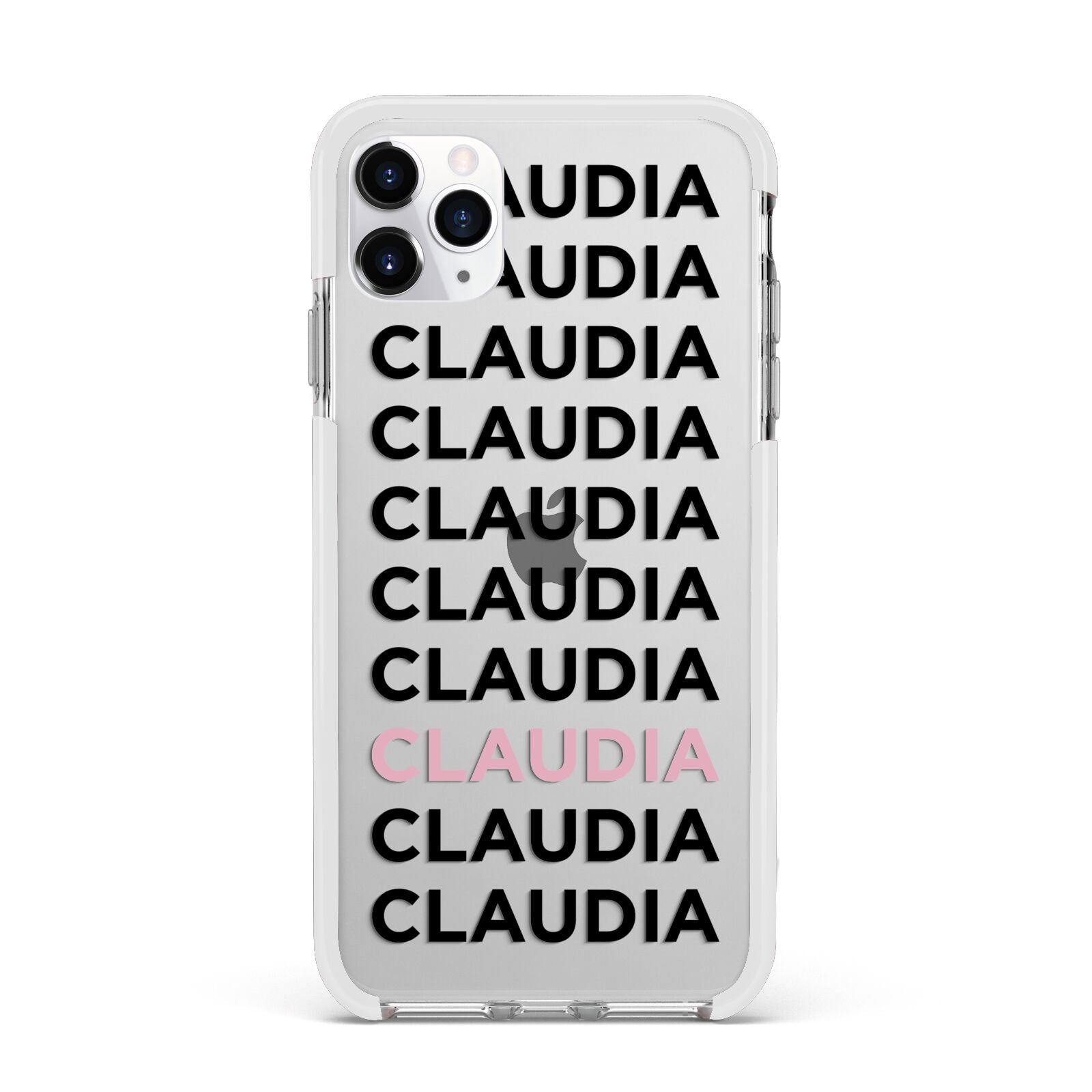 Custom Name Repeat Apple iPhone 11 Pro Max in Silver with White Impact Case