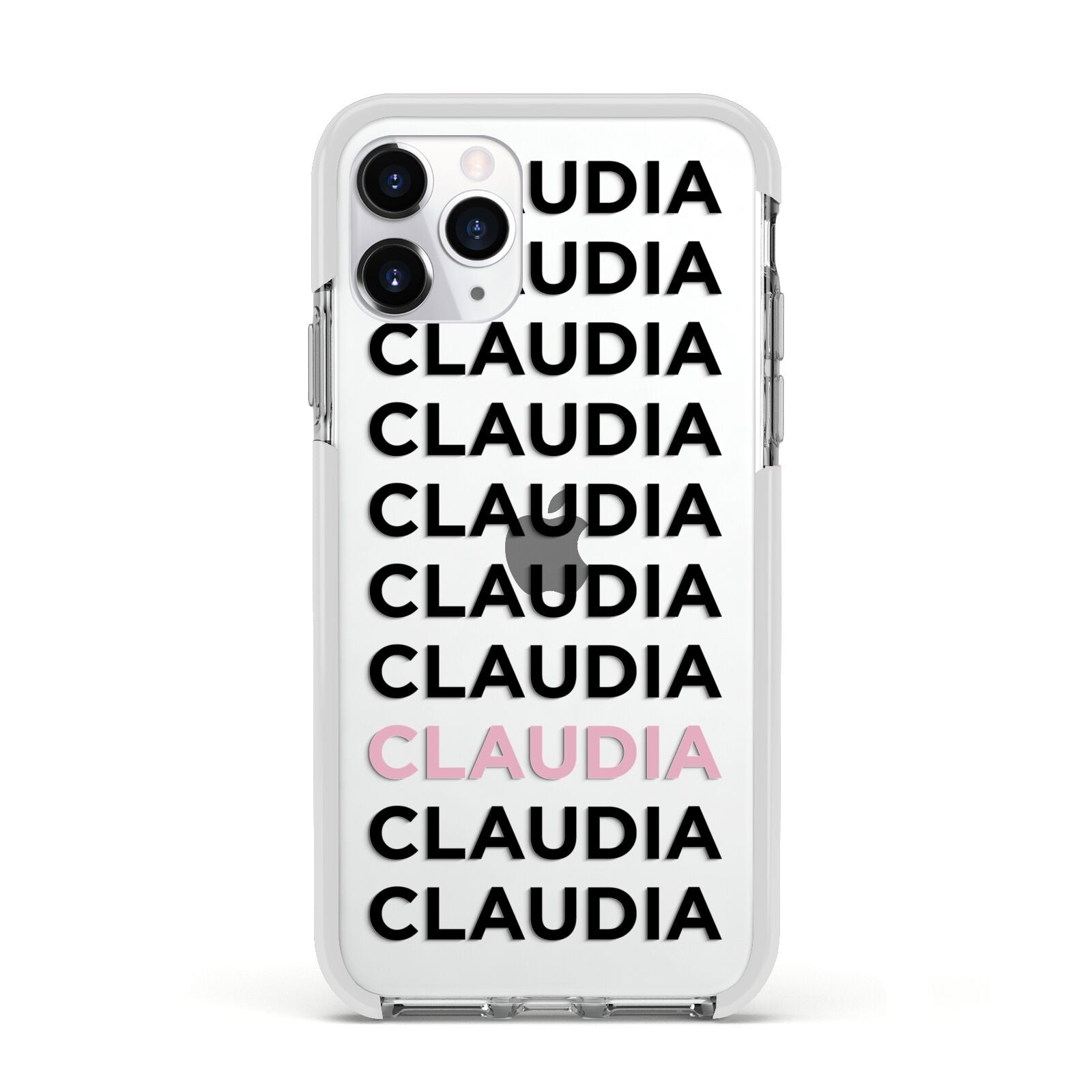 Custom Name Repeat Apple iPhone 11 Pro in Silver with White Impact Case