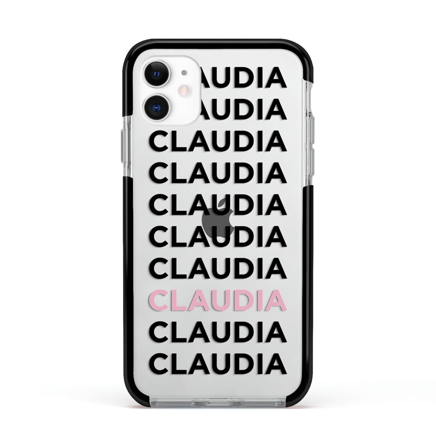 Custom Name Repeat Apple iPhone 11 in White with Black Impact Case