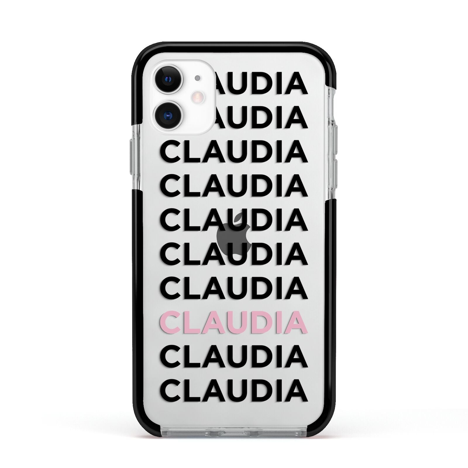 Custom Name Repeat Apple iPhone 11 in White with Black Impact Case