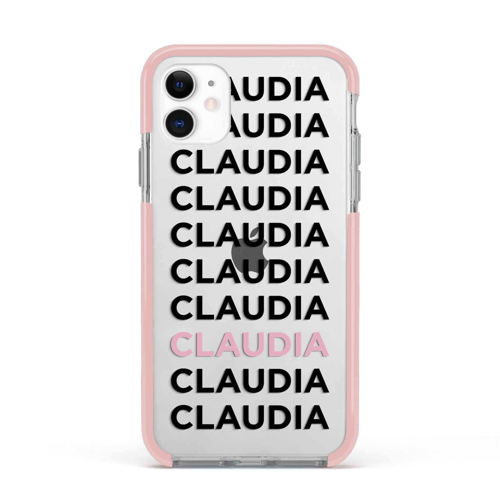 Custom Name Repeat Apple iPhone 11 in White with Pink Impact Case