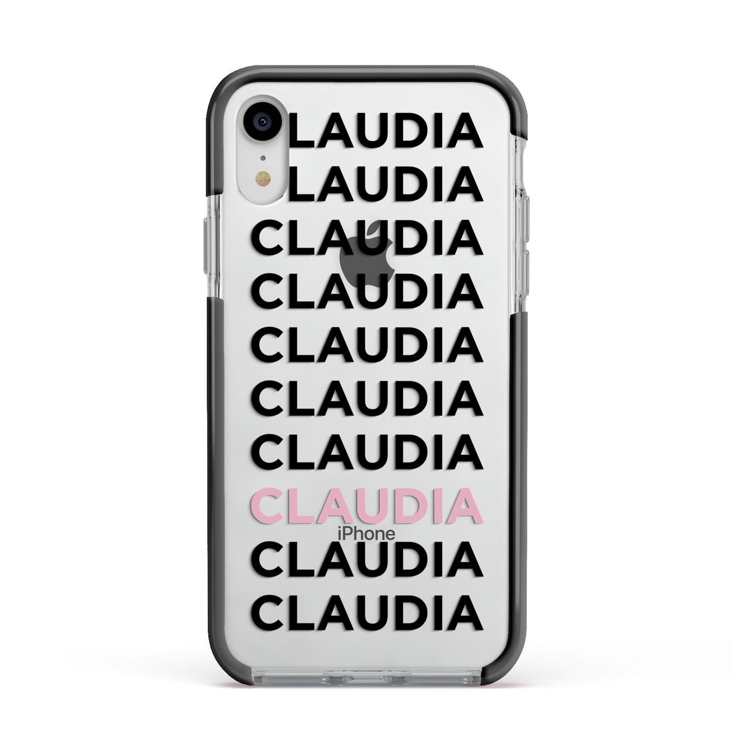 Custom Name Repeat Apple iPhone XR Impact Case Black Edge on Silver Phone