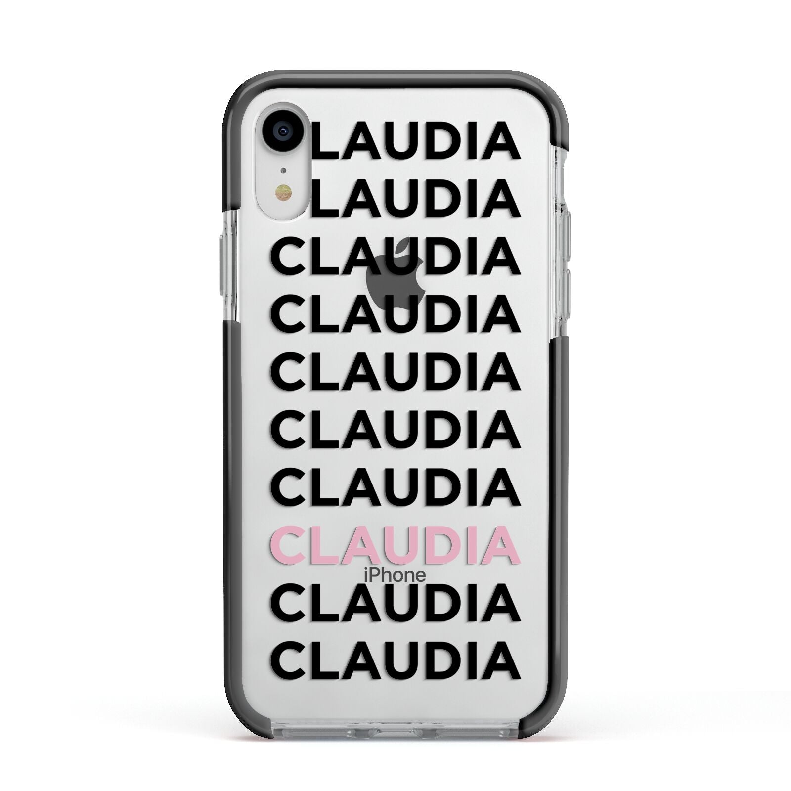 Custom Name Repeat Apple iPhone XR Impact Case Black Edge on Silver Phone