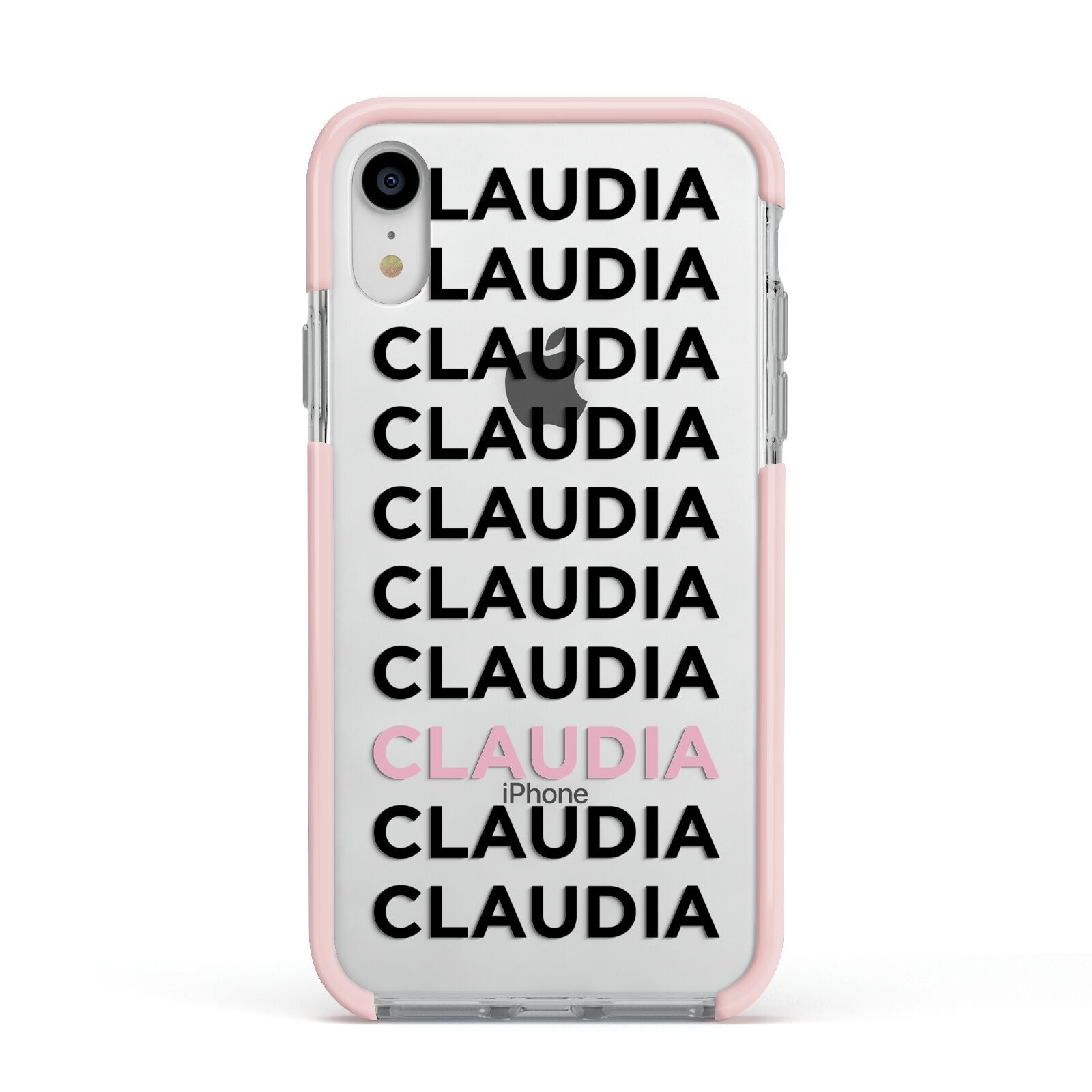 Custom Name Repeat Apple iPhone XR Impact Case Pink Edge on Silver Phone