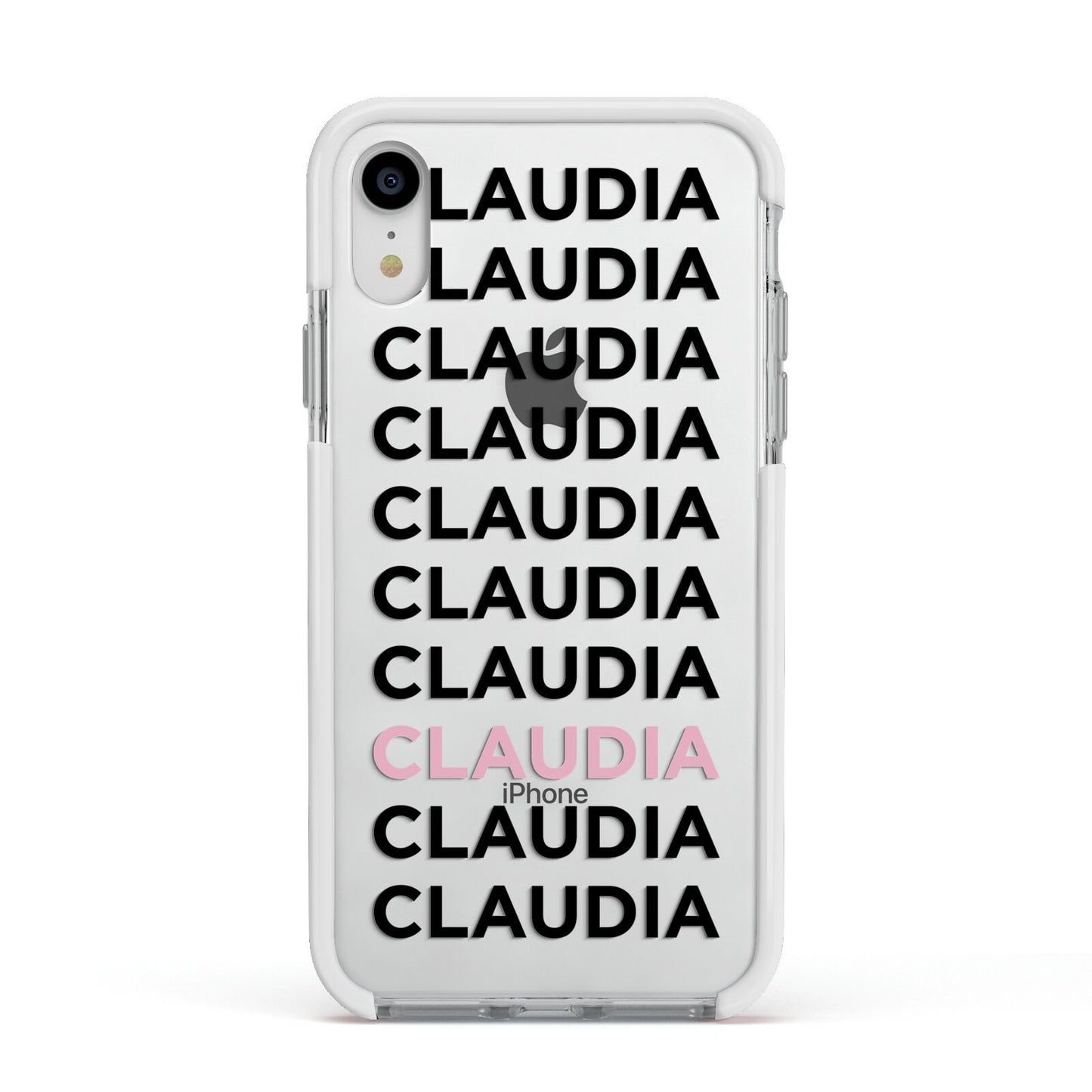Custom Name Repeat Apple iPhone XR Impact Case White Edge on Silver Phone