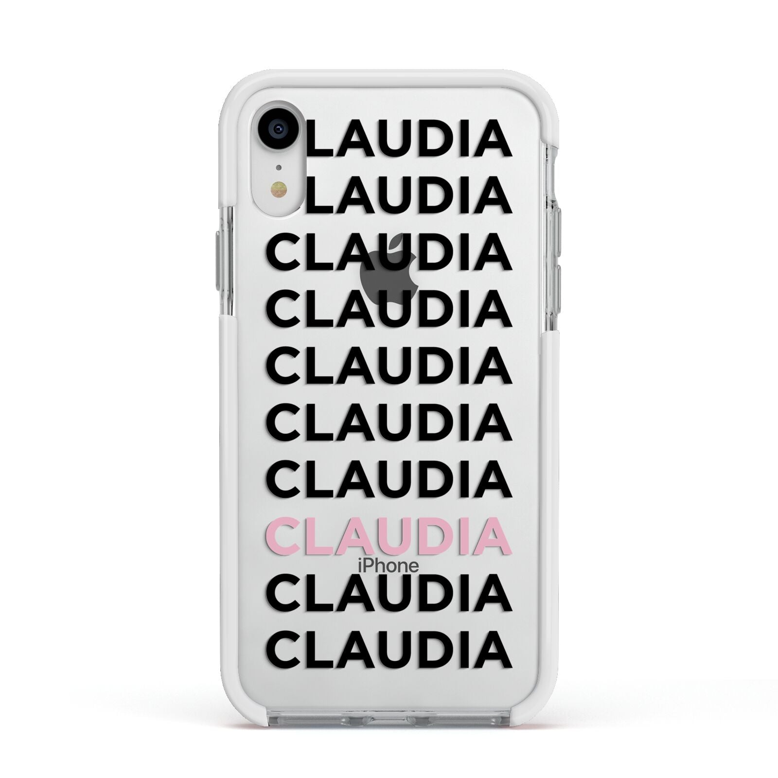 Custom Name Repeat Apple iPhone XR Impact Case White Edge on Silver Phone