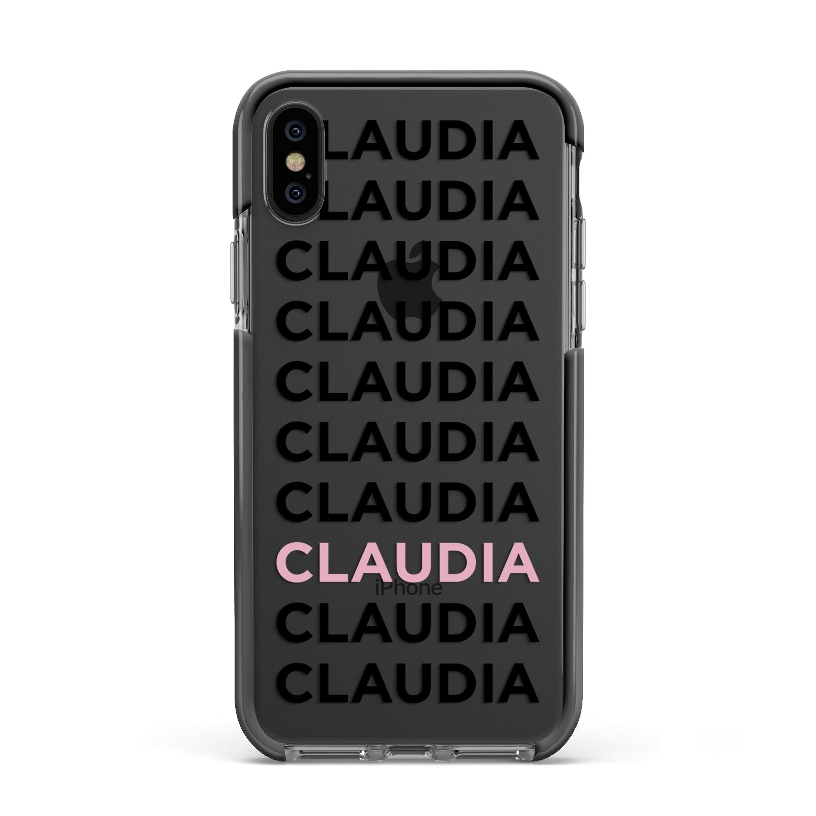 Custom Name Repeat Apple iPhone Xs Impact Case Black Edge on Black Phone