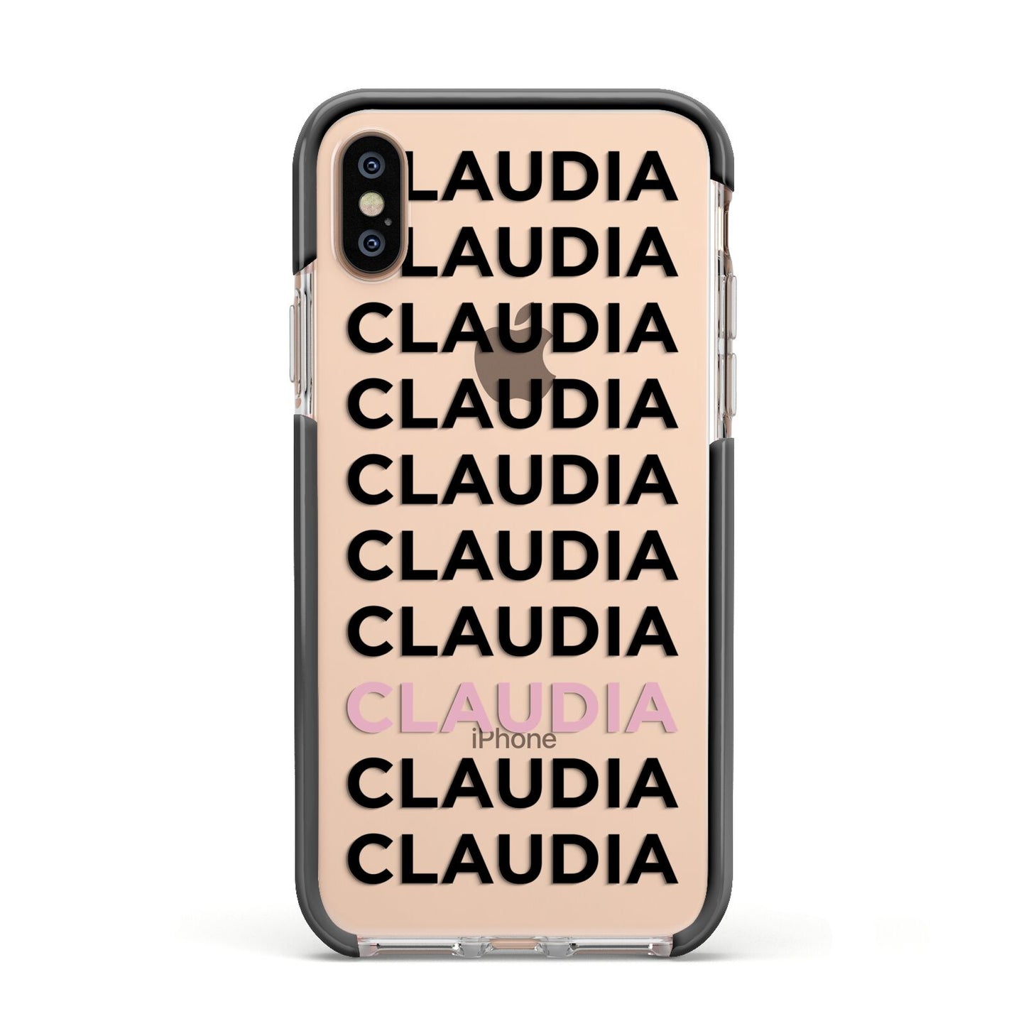 Custom Name Repeat Apple iPhone Xs Impact Case Black Edge on Gold Phone