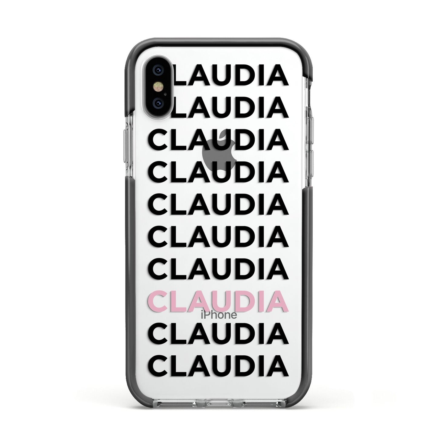 Custom Name Repeat Apple iPhone Xs Impact Case Black Edge on Silver Phone