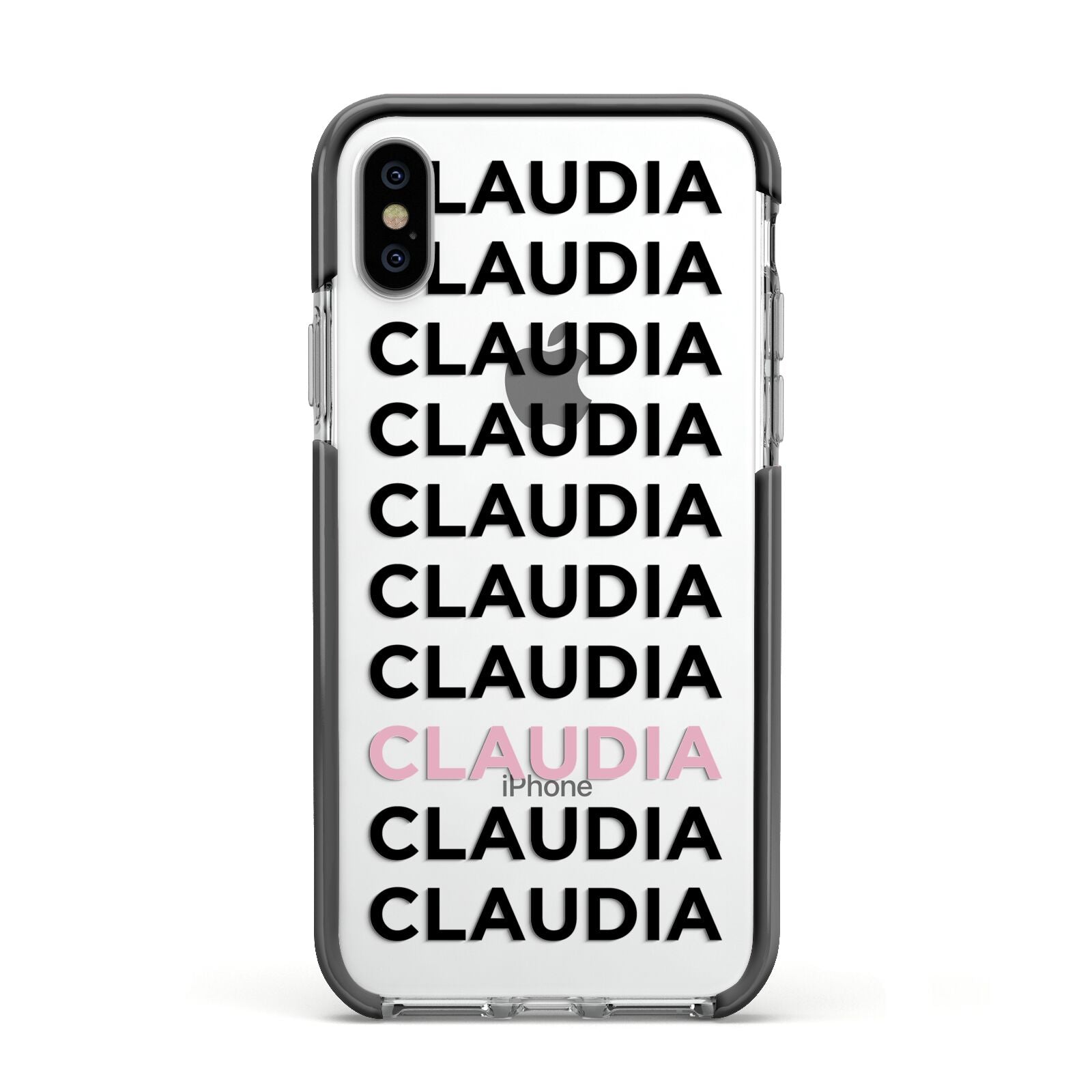 Custom Name Repeat Apple iPhone Xs Impact Case Black Edge on Silver Phone