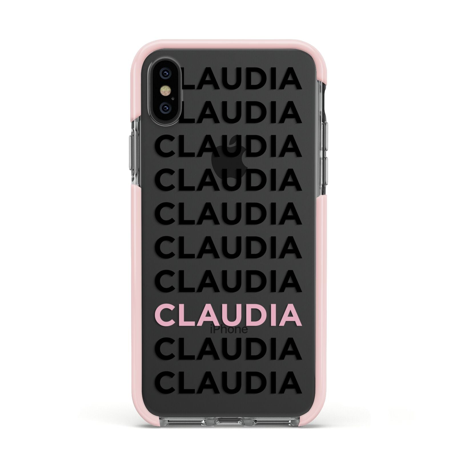 Custom Name Repeat Apple iPhone Xs Impact Case Pink Edge on Black Phone