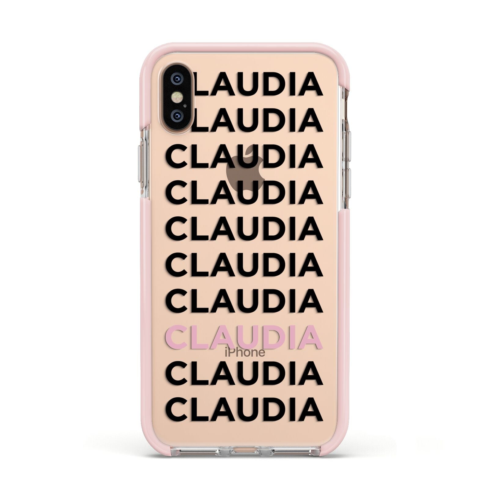 Custom Name Repeat Apple iPhone Xs Impact Case Pink Edge on Gold Phone