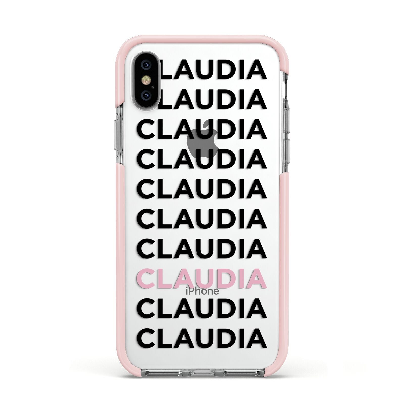 Custom Name Repeat Apple iPhone Xs Impact Case Pink Edge on Silver Phone