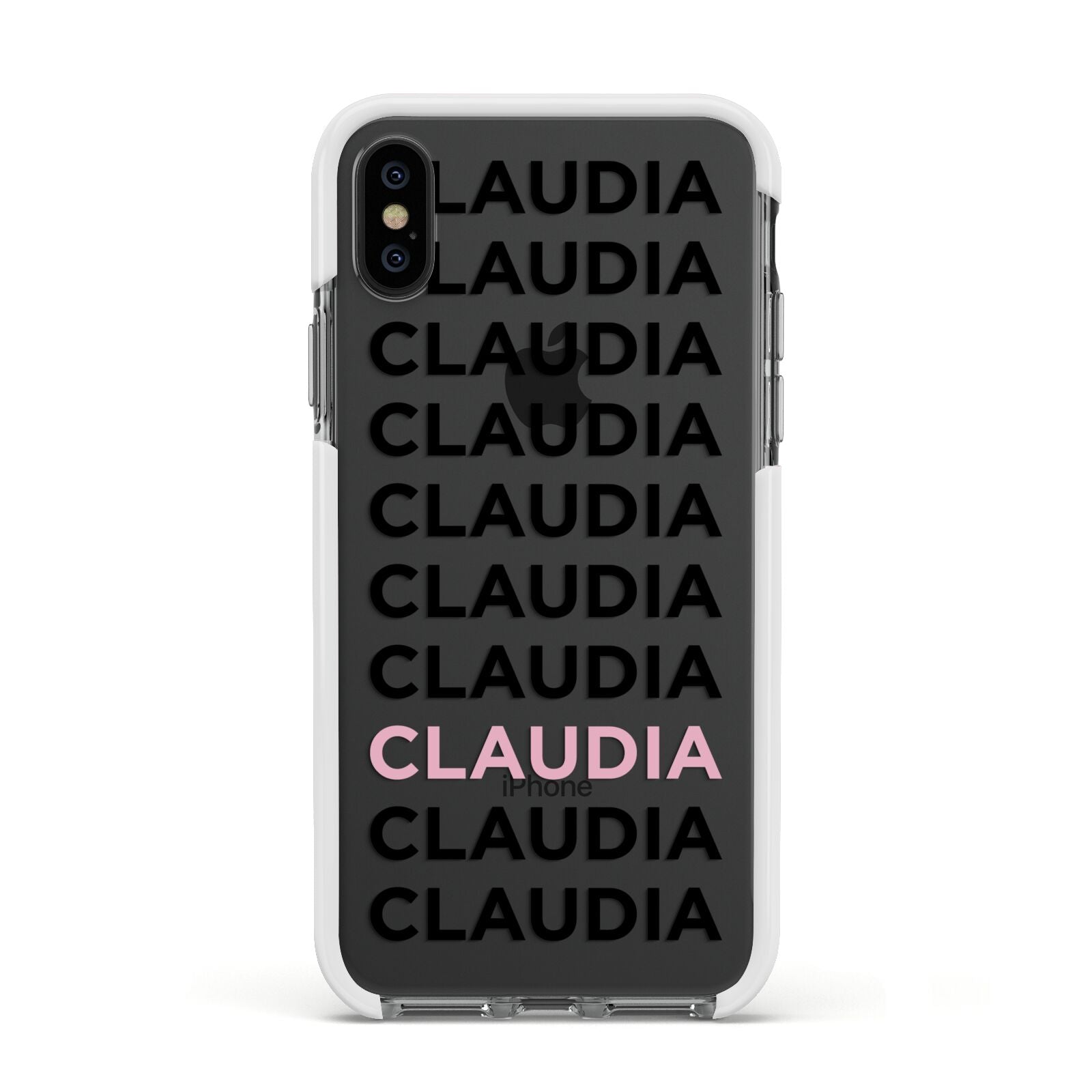 Custom Name Repeat Apple iPhone Xs Impact Case White Edge on Black Phone